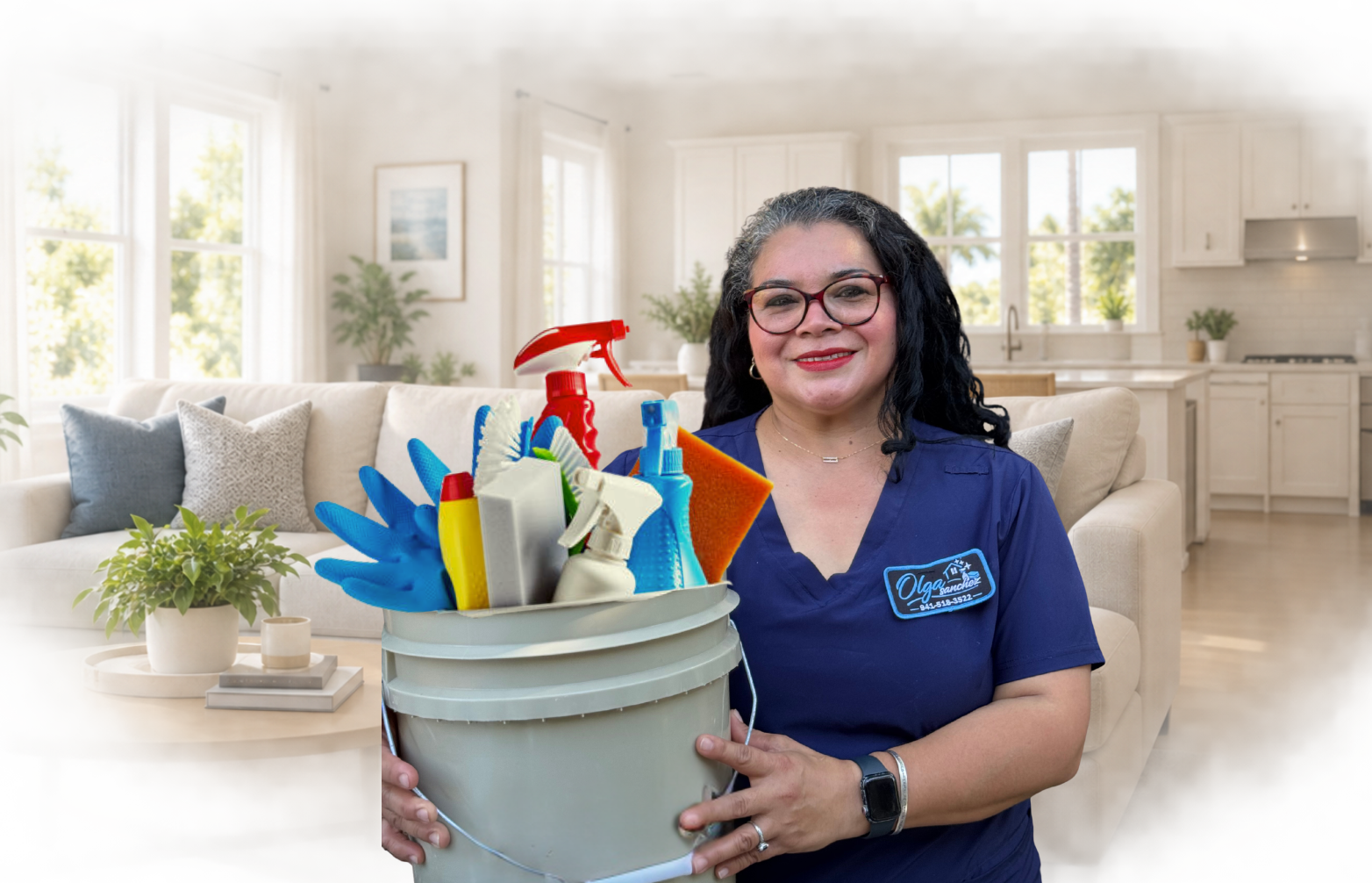 Olga Sanchez with professional cleaning supplies in a bright Florida home